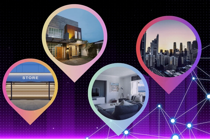 various types of buildings are shown inside the four circles