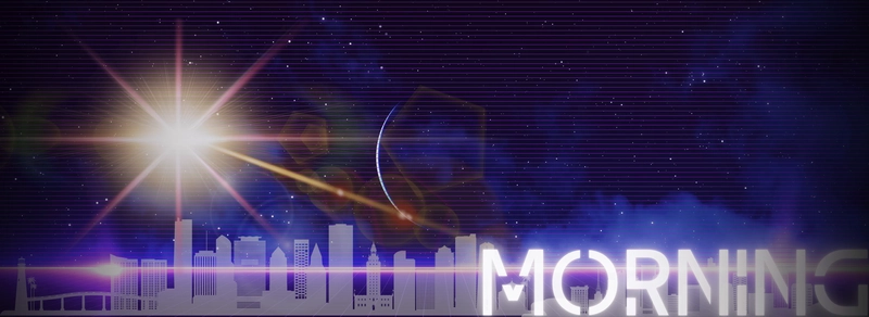 a light shines from above the shadow of a building